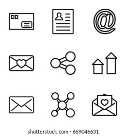 Send icons set. set of 9 send outline icons such as arrow up, love letter, parcel, resume, share, at mail