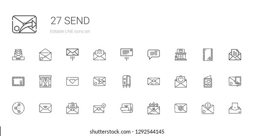 send icons set. Collection of send with email, post it, mail, envelope, share, love letter, letterbox, fragile, post office, message, inbox. Editable and scalable send icons.