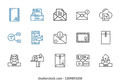 send icons set. Collection of send with email, message, envelope, mailbox, mail, sharing, file transfer, inbox. Editable and scalable send icons.