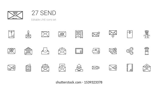 send icons set. Collection of send with email, love letter, post it, envelope, inbox, message, mailbox, letterbox, share. Editable and scalable send icons.