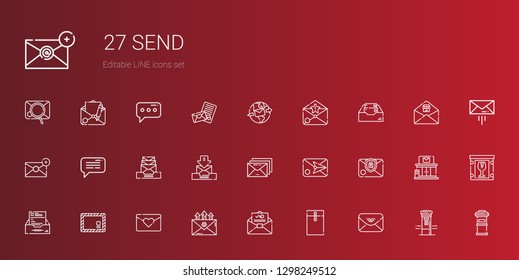 send icons set. Collection of send with envelope, mail, email, love letter, inbox, message, letterbox, mailbox, fragile, post office. Editable and scalable send icons.