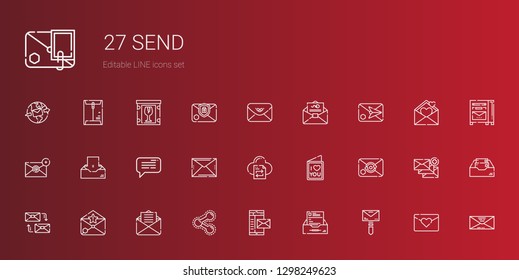 send icons set. Collection of send with mail, inbox, share, email, mailing, love letter, file transfer, message, envelope, mailbox, fragile. Editable and scalable send icons.