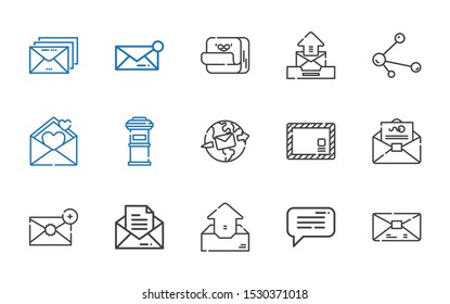 send icons set. Collection of send with mail, message, outbox, email, envelope, letterbox, love letter, share, post it. Editable and scalable send icons.