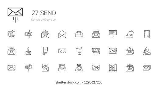 send icons set. Collection of send with mailbox, email, inbox, love letter, mail, contact, message, envelope, outbox. Editable and scalable send icons.