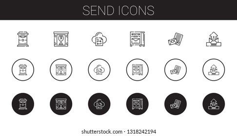 send icons set. Collection of send with mailbox, fragile, file transfer, love letter, email. Editable and scalable send icons.