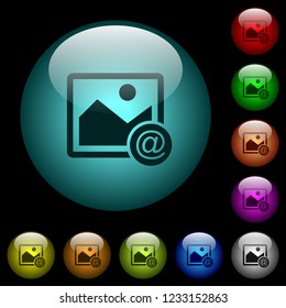 Send image as email icons in color illuminated spherical glass buttons on black background. Can be used to black or dark templates