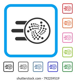 Send Iota icon. Flat gray iconic symbol inside a blue rounded frame. Black, grey, green, blue, red, orange color additional versions of send iota vector. Designed for web and app user interface.