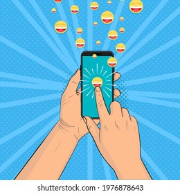 Send laughing emojis. Hands are holding a smartphone. Online communication. Vector illustration