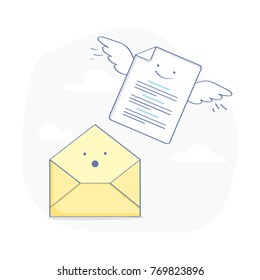 Send letter from Mail Envelope, cute cartoon creative icon concept: white paper with wings flies out from an open surprised envelope. Flat outline UI vector element.