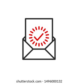 send letter on e-mail outline flat icon. Single high quality outline logo symbol for web design or mobile app. Thin line send mail logo. Black and red icon pictogram isolated on white background