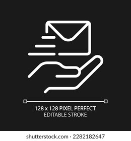 Send letter pixel perfect white linear icon for dark theme. Delivery service. Written communication. Thin line illustration. Isolated symbol for night mode. Editable stroke. Arial font used