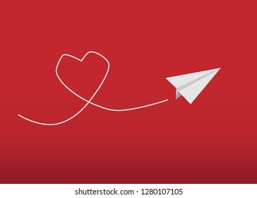 Send love letters paper plane with heart line on red background. Valentine day.