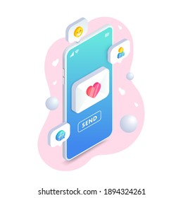 Send Love phone message isometric concept. Valentine card with heart e-mail, envelope and button send on smartphone screen. 3d Trendy Vector Illustration for web sites, landing design, app, banners