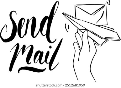 Verstuur mail borstel kalligrafie formulering met hand vasthouden papier vlak met letter vliegen vector bewerkbaar bw