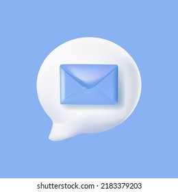 Enviar correo. Icono de contactos 3d con mensaje azul, diseño de interfaz. Diálogo, burbuja de discurso de chat por correo electrónico. Icono de negocio. Icono de discurso de burbuja. Ilustración del símbolo del sitio web. Sms charla. Símbolo de letra 3D