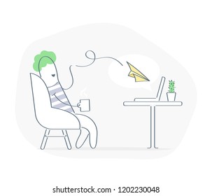 Send Mail, cute cartoon man sitting in a cozy chair and throws a paper airplane to the laptop. Freelance, e-mail marketing, comfortable work. Outline premium quality vector illustration.