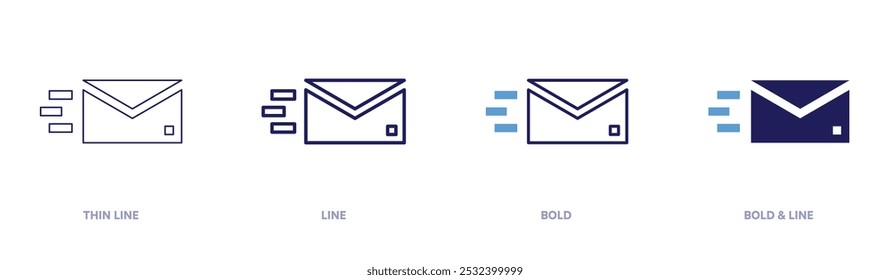 Send mail icon in 4 different styles. Thin Line, Line, Bold, and Bold Line. Duotone style. Editable stroke.