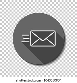 send mail icon. sms line. White flat icon with long shadow in circle on transparent background