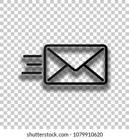 send mail icon. sms line. Black glass icon with soft shadow on transparent background