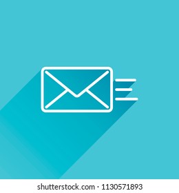 send mail icon. sms line. Gray icon with long shadow in bottom left corner on blue background