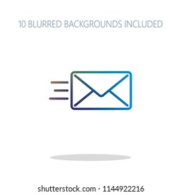 send mail icon. sms line. Colorful logo concept with simple shadow on white. 10 different blurred backgrounds included