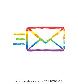 send mail icon. sms line. Drawing sign with LGBT style, seven colors of rainbow (red, orange, yellow, green, blue, indigo, violet
