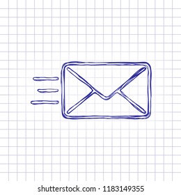send mail icon. sms line. Hand drawn picture on paper sheet. Blue ink, outline sketch style. Doodle on checkered background