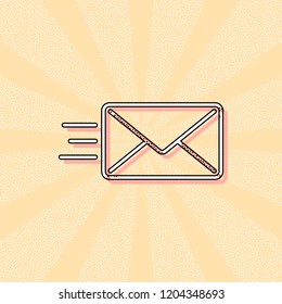 send mail icon. sms line. Vintage retro typography with offset printing effect. Dots poster with comics pop art background