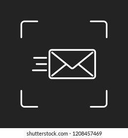 send mail icon. sms line. White object in camera autofocus on dark background