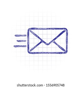 send mail icon. sms line. Hand drawn sketched picture with scribble fill. Blue ink. Doodle on white background