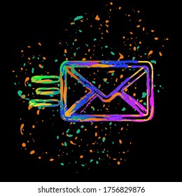 icono de envío de correo. línea sms. Tinta coloreada con salpicaduras en fondo negro