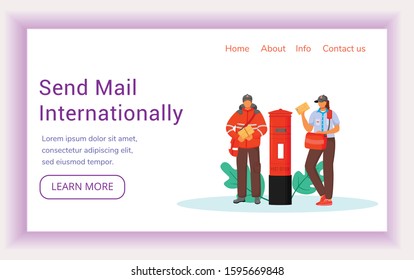 Send mail internationaly landing page vector template. Royal post service website interface idea with flat illustrations. Traditional British post homepage layout, web banner, webpage cartoon concept
