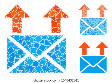 Send mail mosaic of irregular parts in variable sizes and color hues, based on send mail icon. Vector irregular parts are grouped into mosaic. Send mail icons collage with dotted pattern.