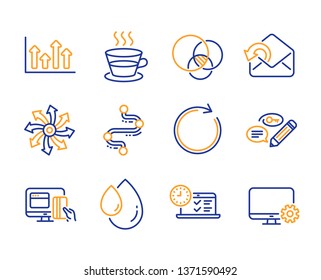 Send mail, Online payment and Versatile icons simple set. Keywords, Upper arrows and Timeline signs. Euler diagram, Coffee cup and Synchronize symbols. Line send mail icon. Colorful set. Vector