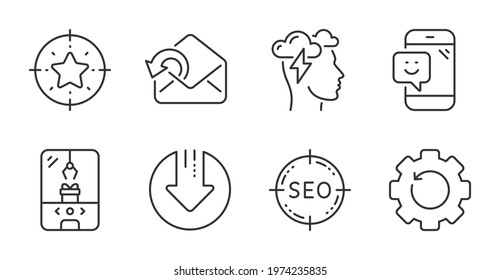 Send mail, Seo and Crane claw machine line icons set. Recovery gear, Download arrow and Smile signs. Mindfulness stress, Star target symbols. Sent message, Search target, Attraction park. Vector