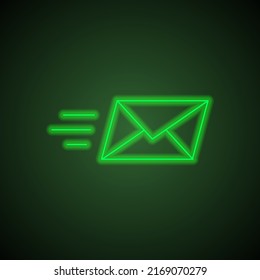 Send mail simple icon vector. Flat design. Green neon on black background with green light.ai