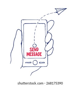 Enviar mensaje desde el teléfono celular en una ilustración vectorial de mano
