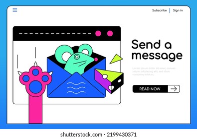 Send a message - colorful flat design style illustration with linear elements. Neon colored composition with email, cats paw and mouse reaching for cheese. Correspondence is open in the browser