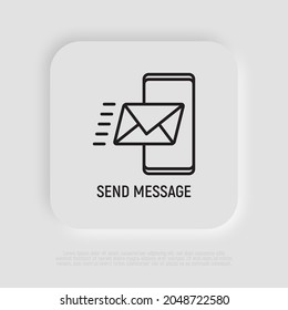 Send message, envelope flying on smartphone thin line icon. Modern vector illustration of web communication.