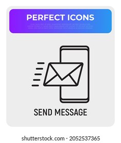 Send message, envelope flying on smartphone thin line icon. Modern vector illustration of web communication.
