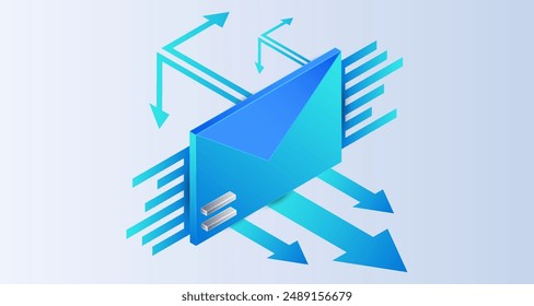 Send Message with isometric arrow. Webmail or mobile service