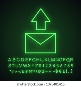 Send message neon light icon. Email letter. Send sms. Glowing sign with alphabet, numbers and symbols. Vector isolated illustration