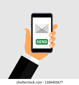 Send a message on the phone. Vector illustration. Flat design for business financial marketing banking web concept cartoon illustration.