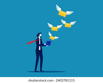 Send message online. Businessman opens letter with a laptop. Vector 