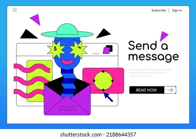 Send a message online - colorful flat design style banner with place for text. Neon colored composition with email opened in a browser. Computer worm, communication and Internet connection idea