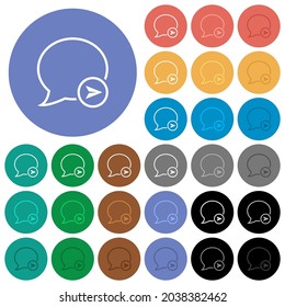 Send message outline multi colored flat icons on round backgrounds. Included white, light and dark icon variations for hover and active status effects, and bonus shades.