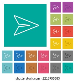 Send message outline multi colored flat icons on plain square backgrounds. Included white and darker icon variations for hover or active effects.