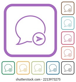 Enviar los iconos simples del contorno del mensaje en los marcos cuadrados redondeados de color sobre fondo blanco