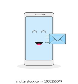 Send a message from your mobile phone. E-marketing. Cartoon linear vector illustration in a flat style, highlighted by white background.