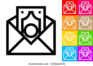 Send Money. Bill inside an Envelope. Line Icon With Different Color Background.